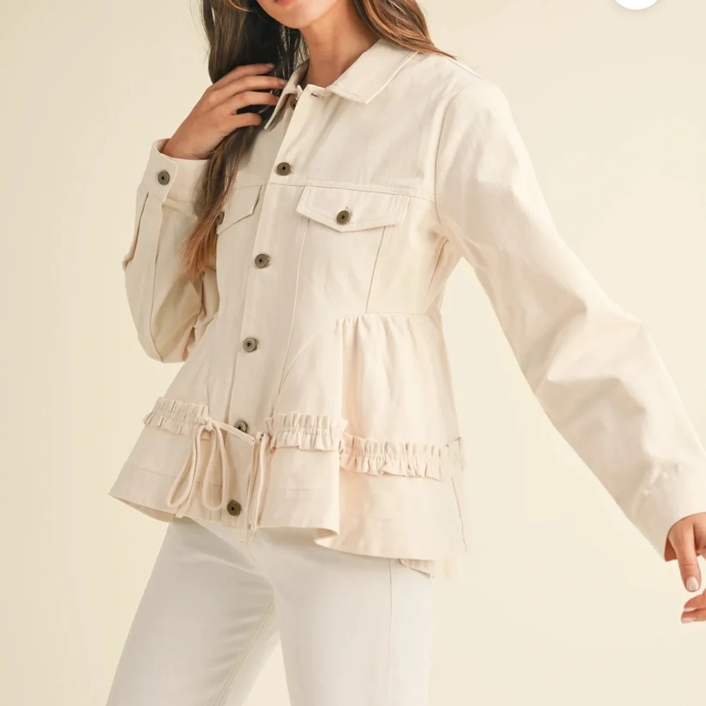 Utility Ruffle Drawstring Jacket - Cream - Picture 3 of 6